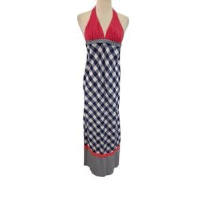Vtg 70s Halter Dress Maxi Red White Blue Gingham Polka Dot Boho Festival USA XS‎
